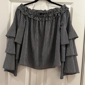 J.O.A. Black and white striped off shoulder ruffle sleeve blouse size S